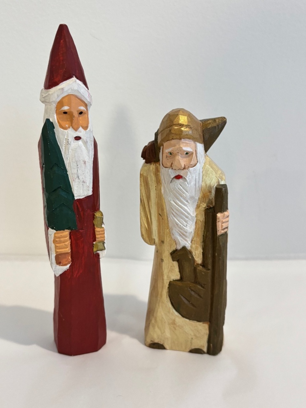 SET OF TWO vintage artist painted wood carved figures Santa & Father Christmas
